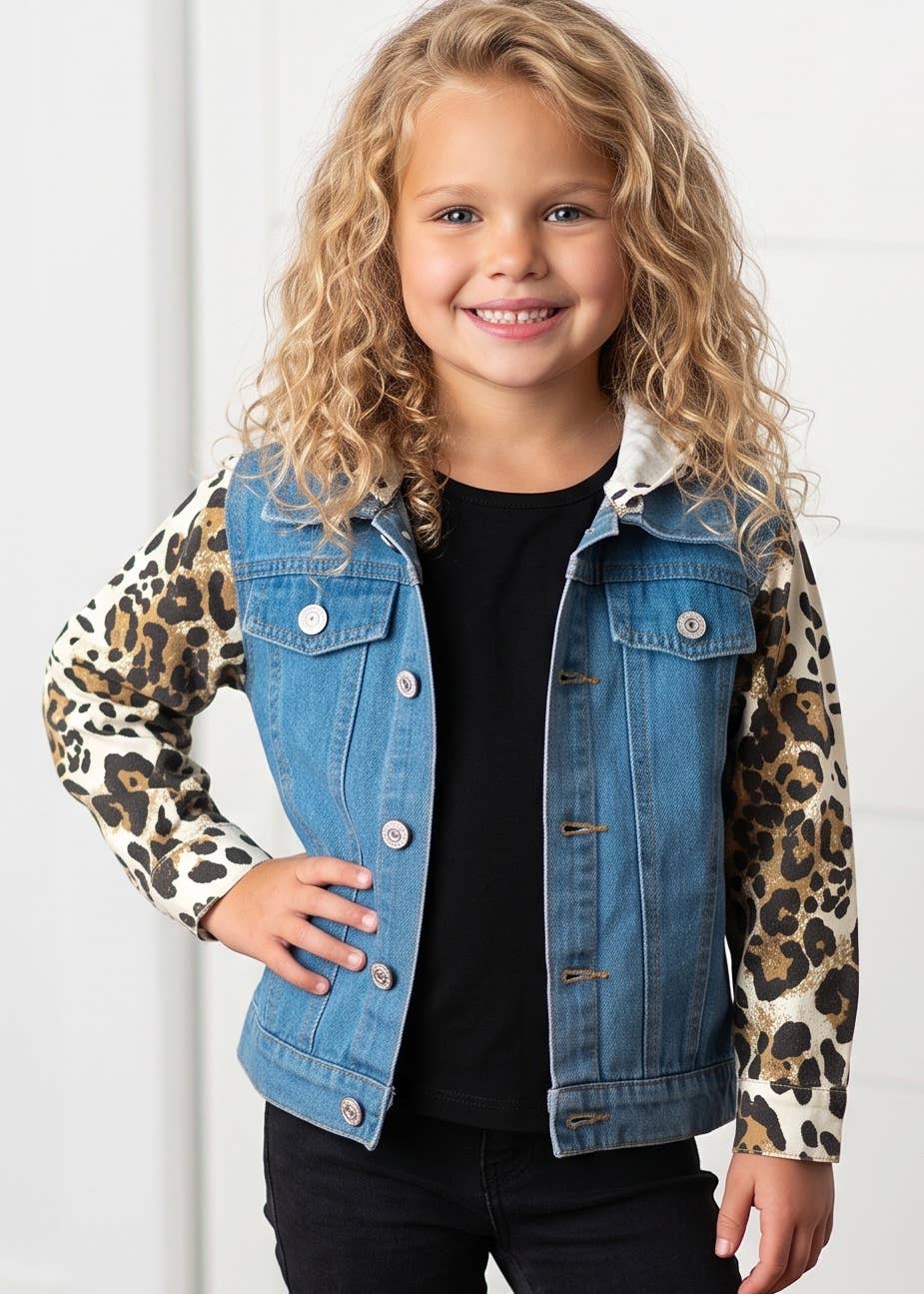 Girls Kids Leopard & Denim Fall Winter Jean Denim Jacket