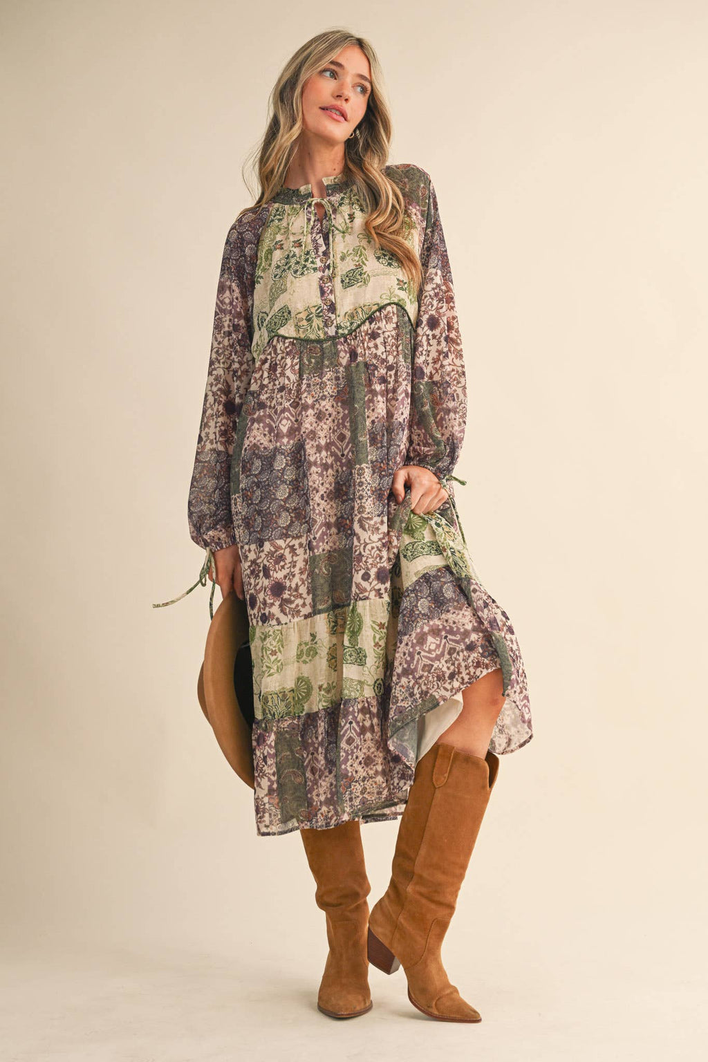 Olive Patchwork Mid Length Dress