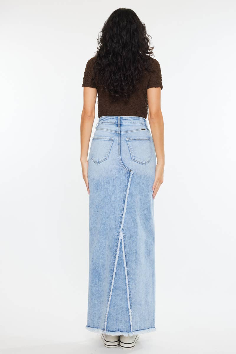 Medium Wash High Waisted Maxi Skirt with Front Slit - Kan Can