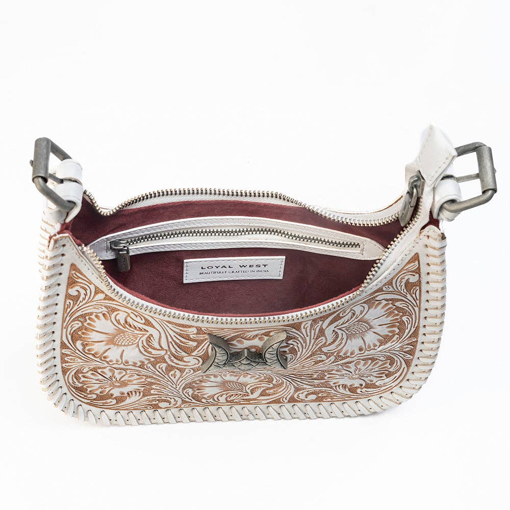 Loyal West Dannia Medium Purse - Ivory Dust  Handtooled Leather And Calfskin
