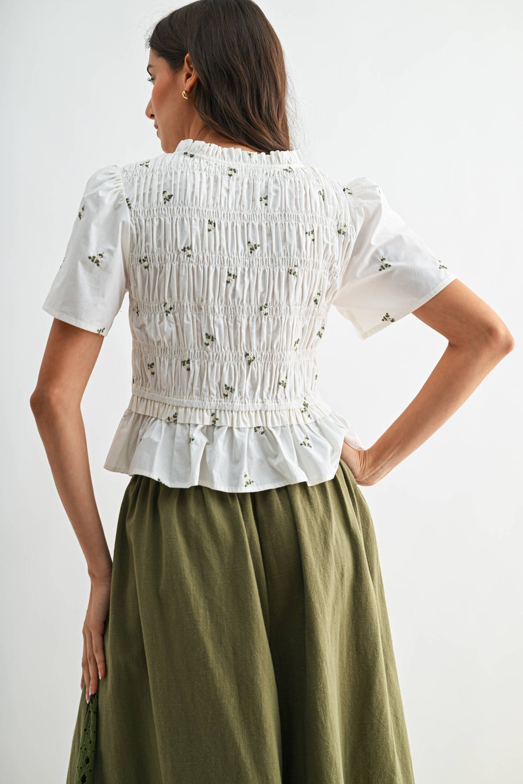 Ivory Floral Tie Front Peplum with Smocking Detail