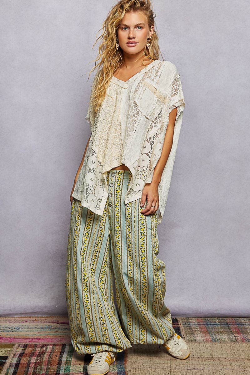 Lavender Patchwork Lace Oversized V-Neck Raw Edge Top
