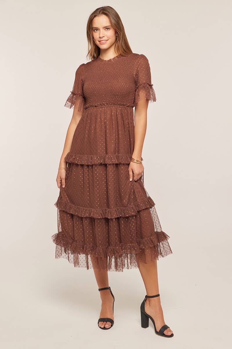 Dot Mesh Tiered Ruffle Midi Dress