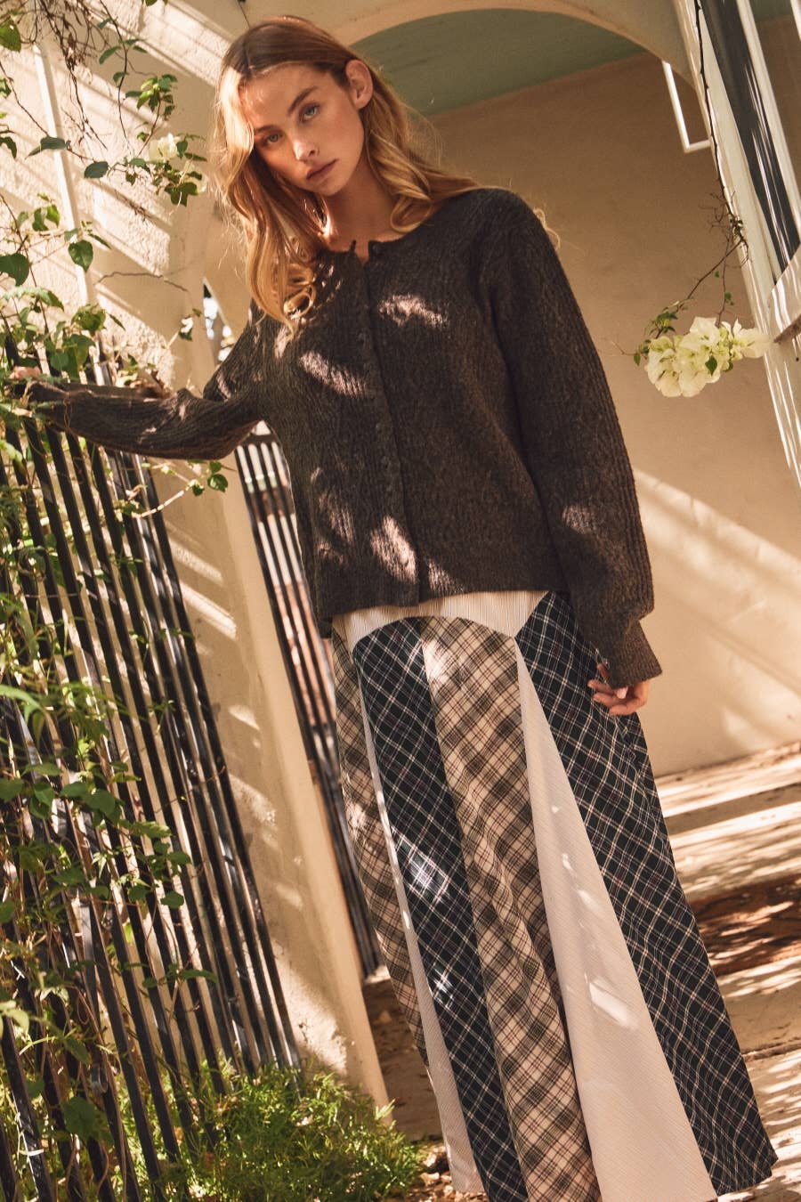 Patchwork Plaid Paneled Midi Skirt