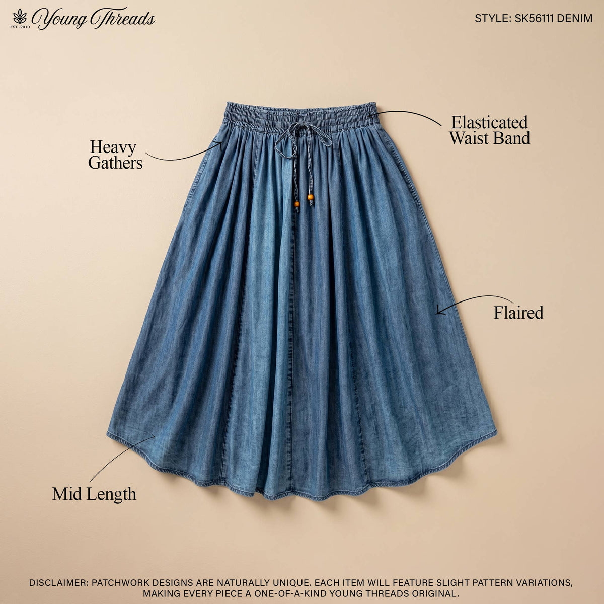 Shirred Elastic Waist Denim Skirt
