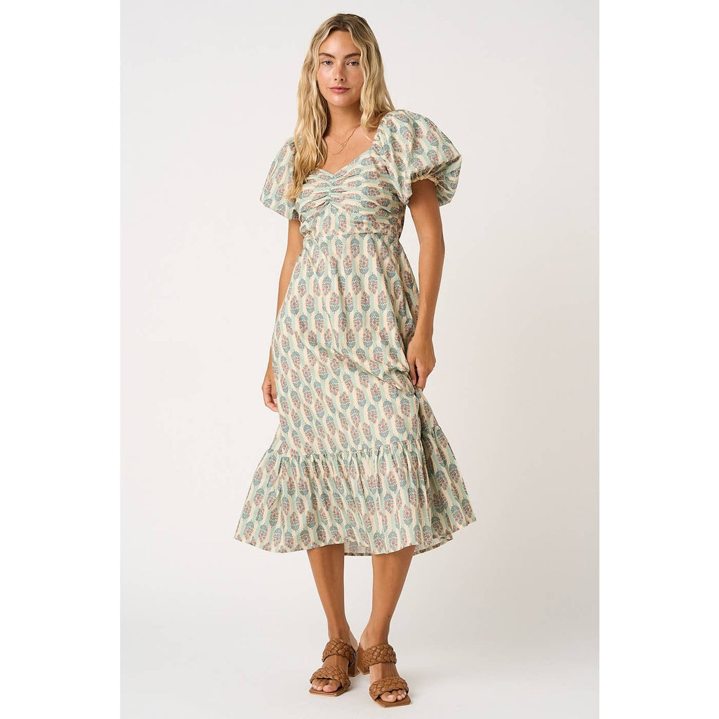 Sage/Ivory Striped with Peach Floral Puff Sleeve Dress