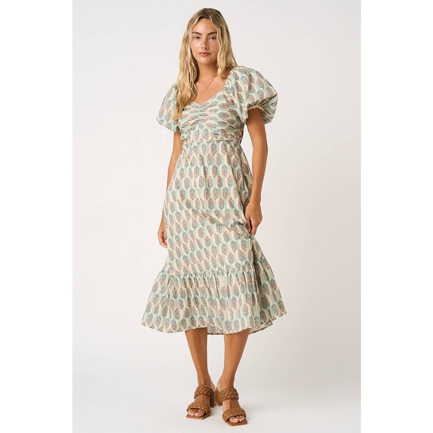 Sage/Ivory Striped with Peach Floral Puff Sleeve Dress