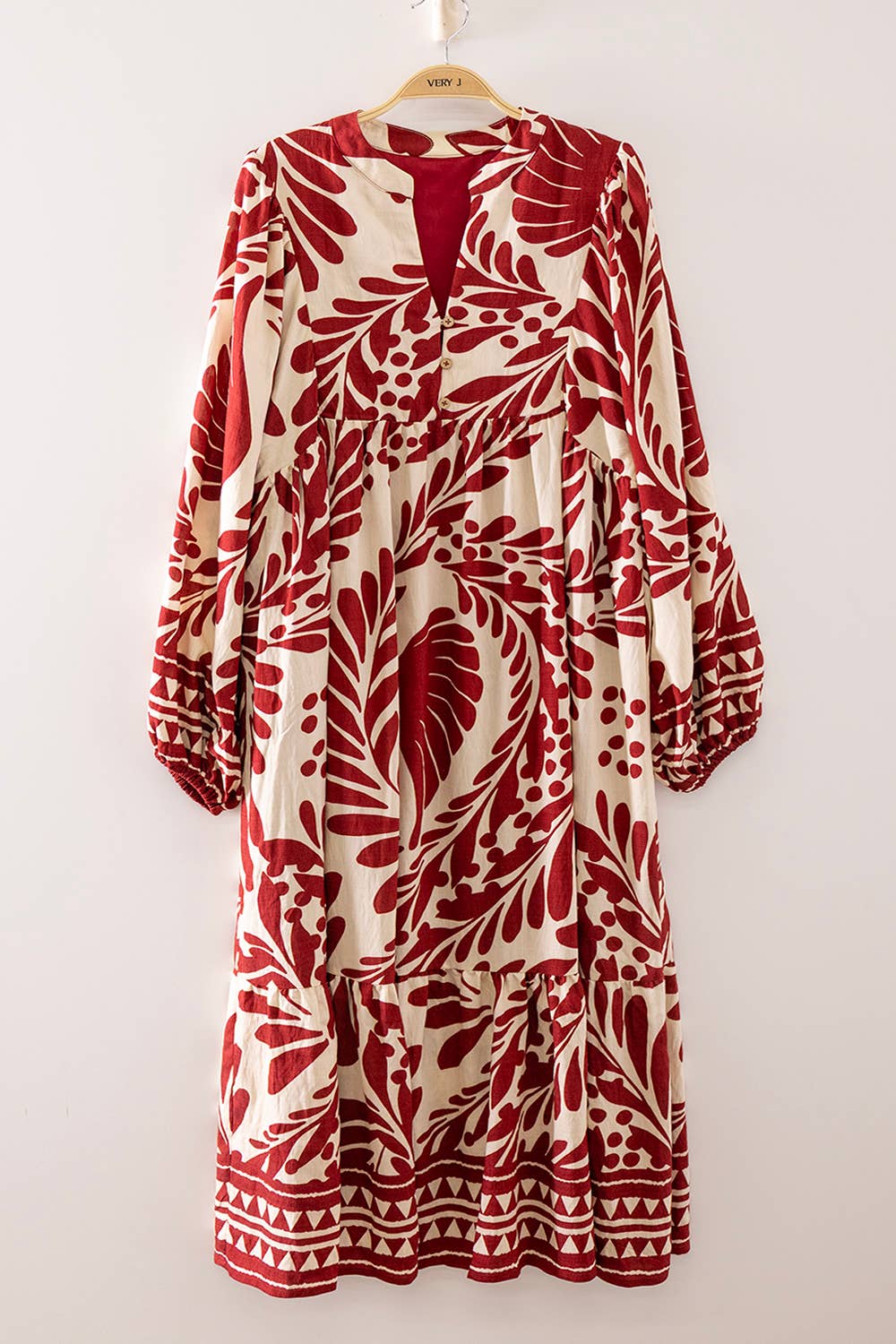 ND32332-Tropical Leaf Print Tiered Maxi Dress