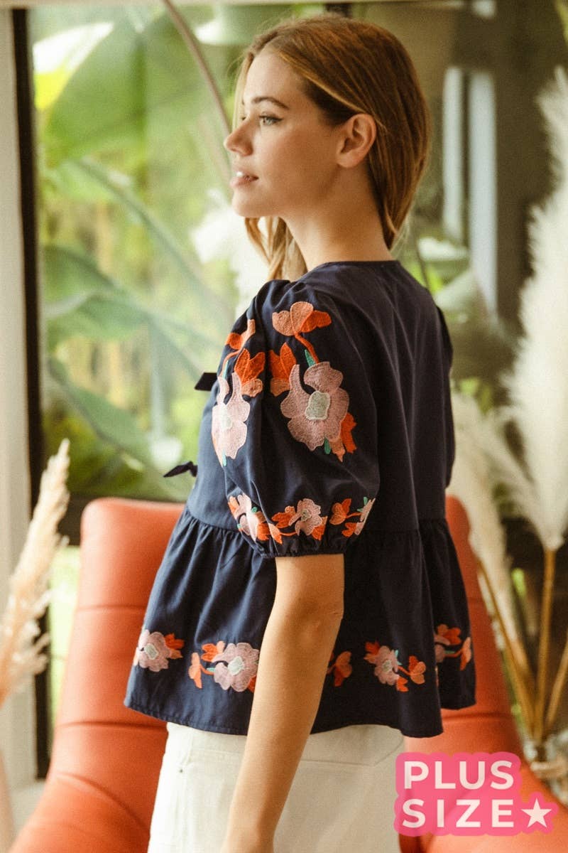 BOW RIBBON DETAILED PUFF SLEEVE TOP WITH EMBROIDERY