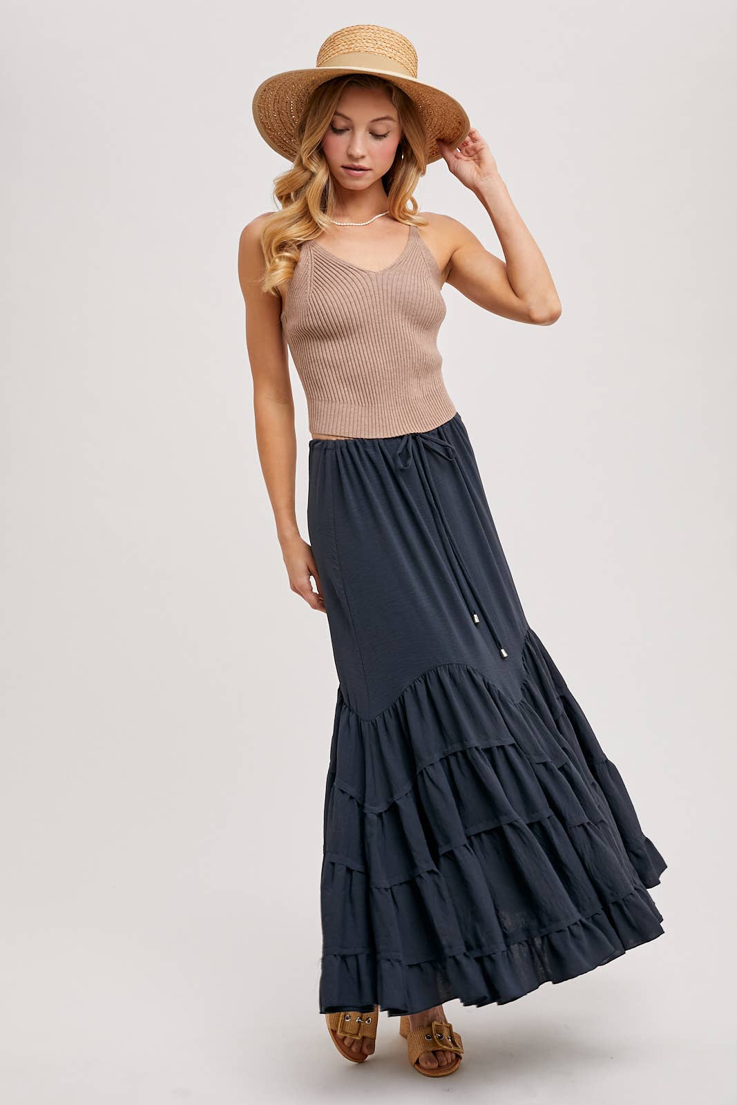 RUFFLED DRAWSTRING WASIT MAXI SKIRT WITH LINING