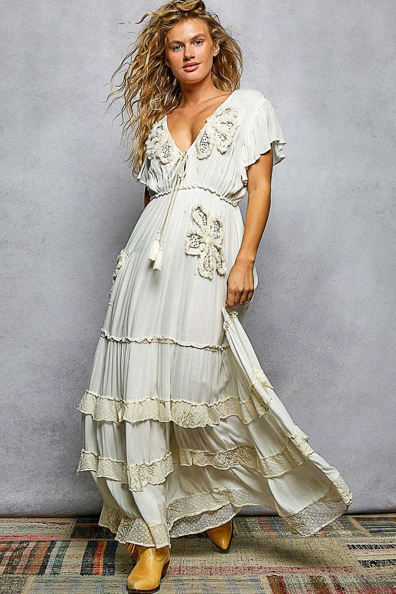 Ivory Ruffle Trim V-neck Embroidery Sequins Tassel Maxi Dress