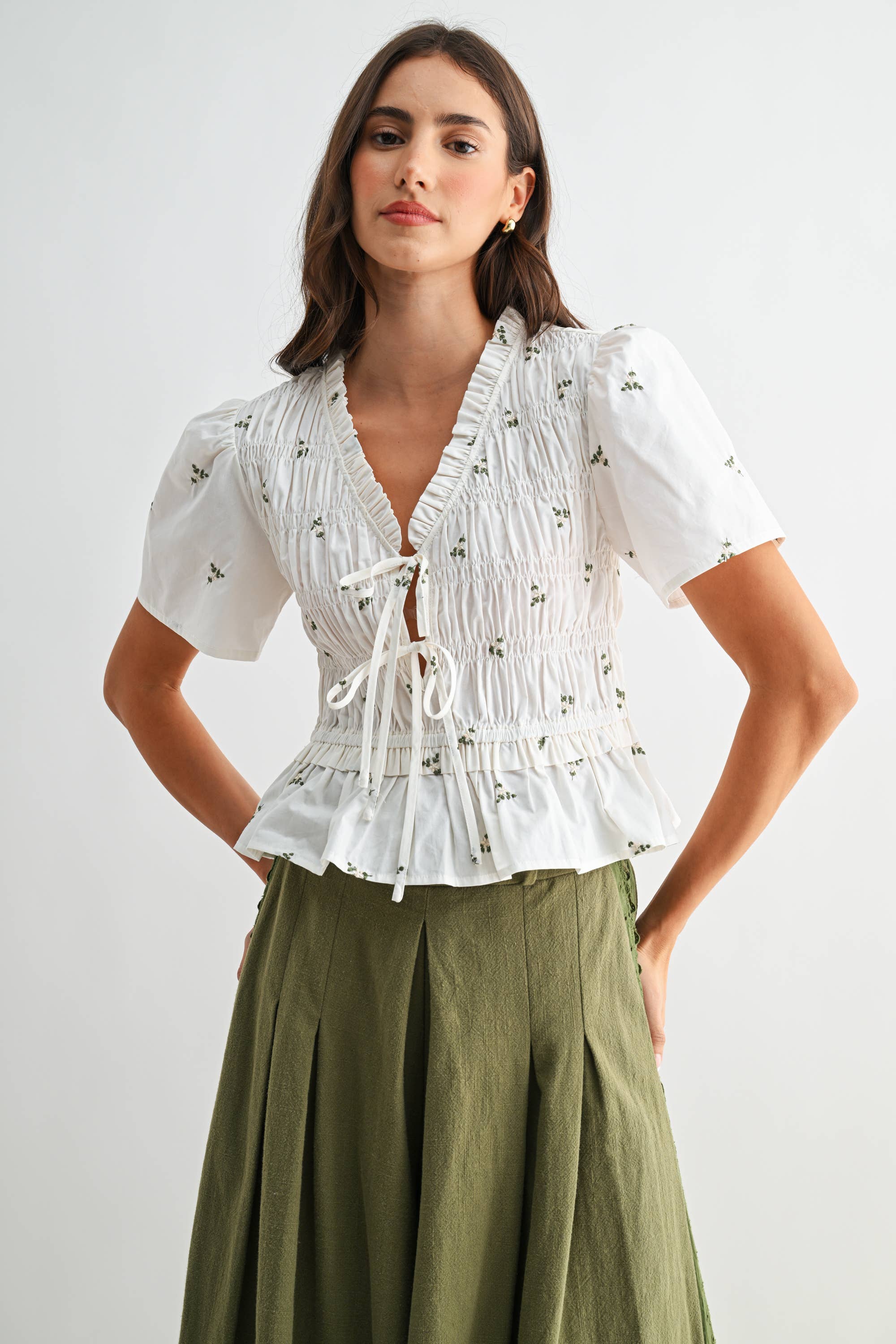 Ivory Floral Tie Front Peplum with Smocking Detail
