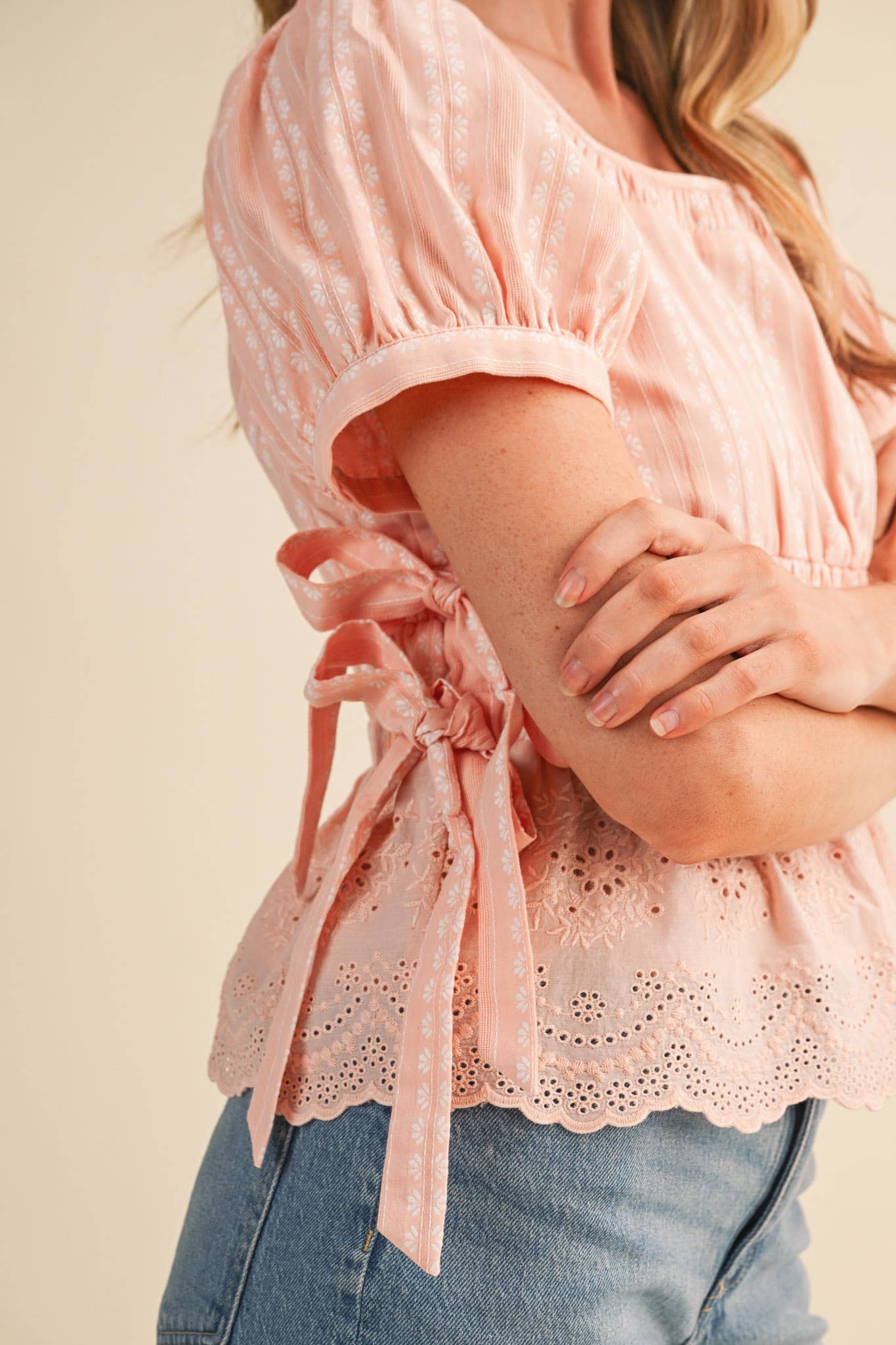 Denim Blue Striped Floral Eyelet Hem Peplum Top