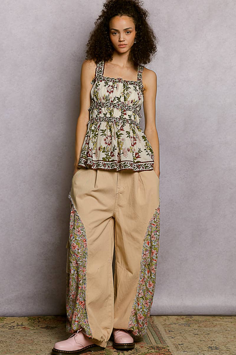Cream/Multi Printed Square Neck Ruffle Woven Top