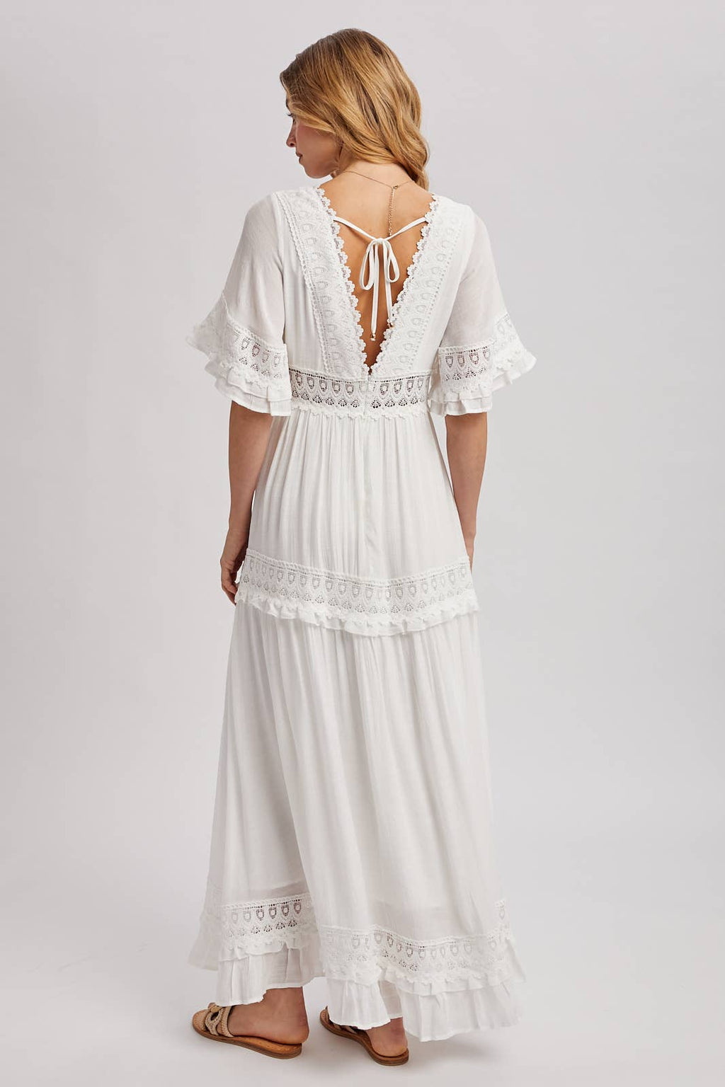 Lace V Neck Maxi Dress with Ruffle Sleeves (Olive & Ivory)