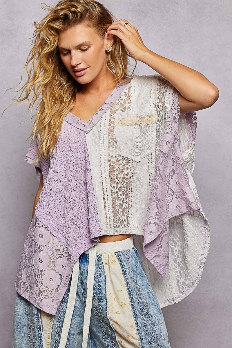 Lavender Patchwork Lace Oversized V-Neck Raw Edge Top