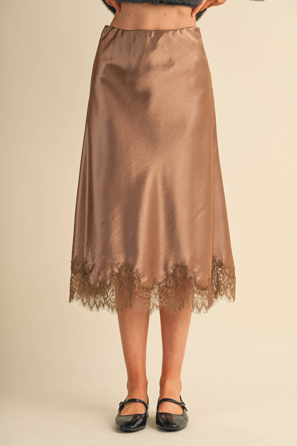 Espresso Satin Midi Slip Skirt with Lace Hem