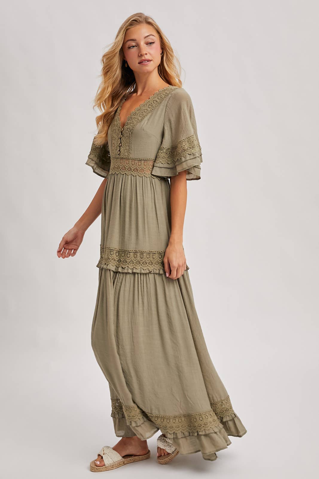 Lace V Neck Maxi Dress with Ruffle Sleeves (Olive & Ivory)