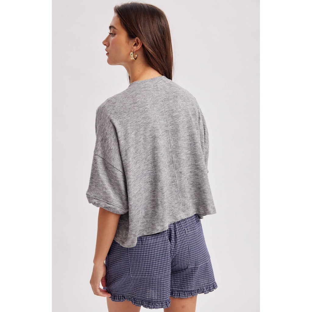 Grey Short Sleeve Button Down Knit Top
