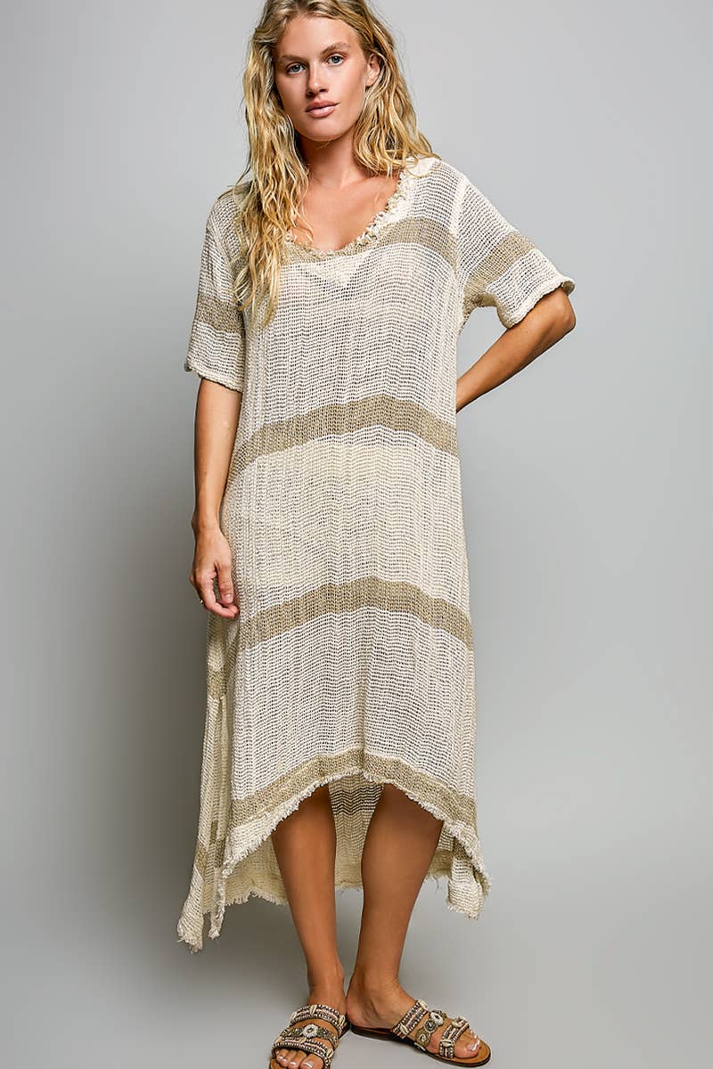 Stripe Pattern Short Sleeve Raw Edge Linen Long Dress