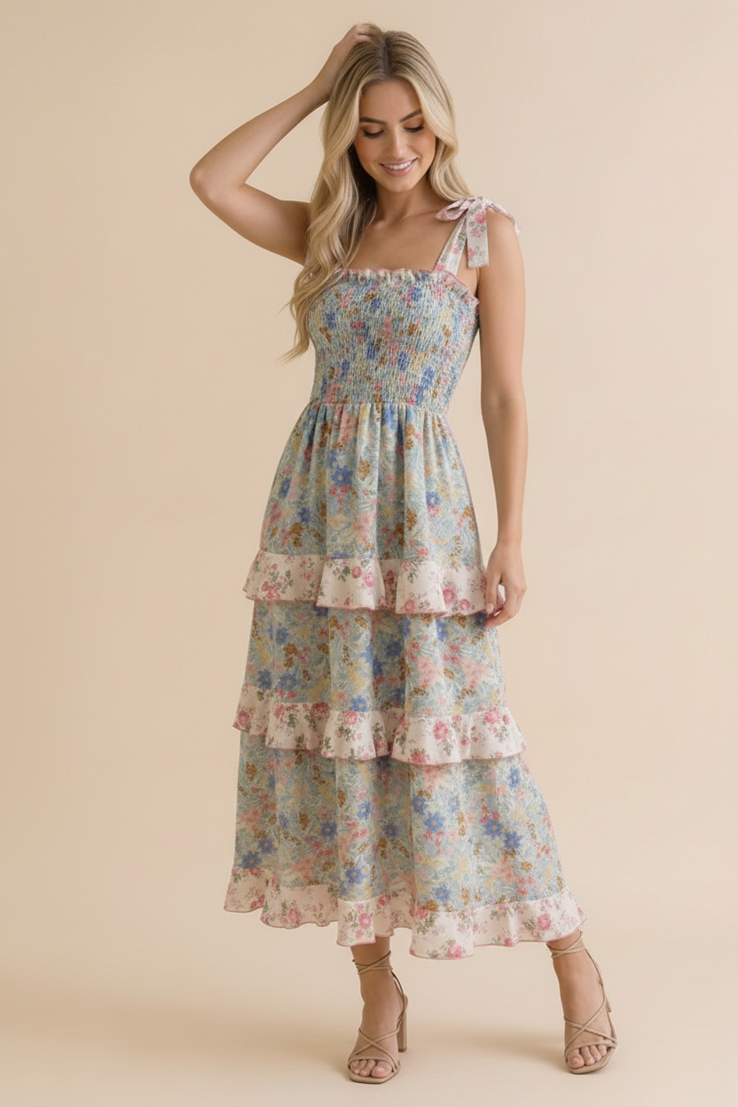 Plus Smocking Tube Color Block Floral Maxi Dress