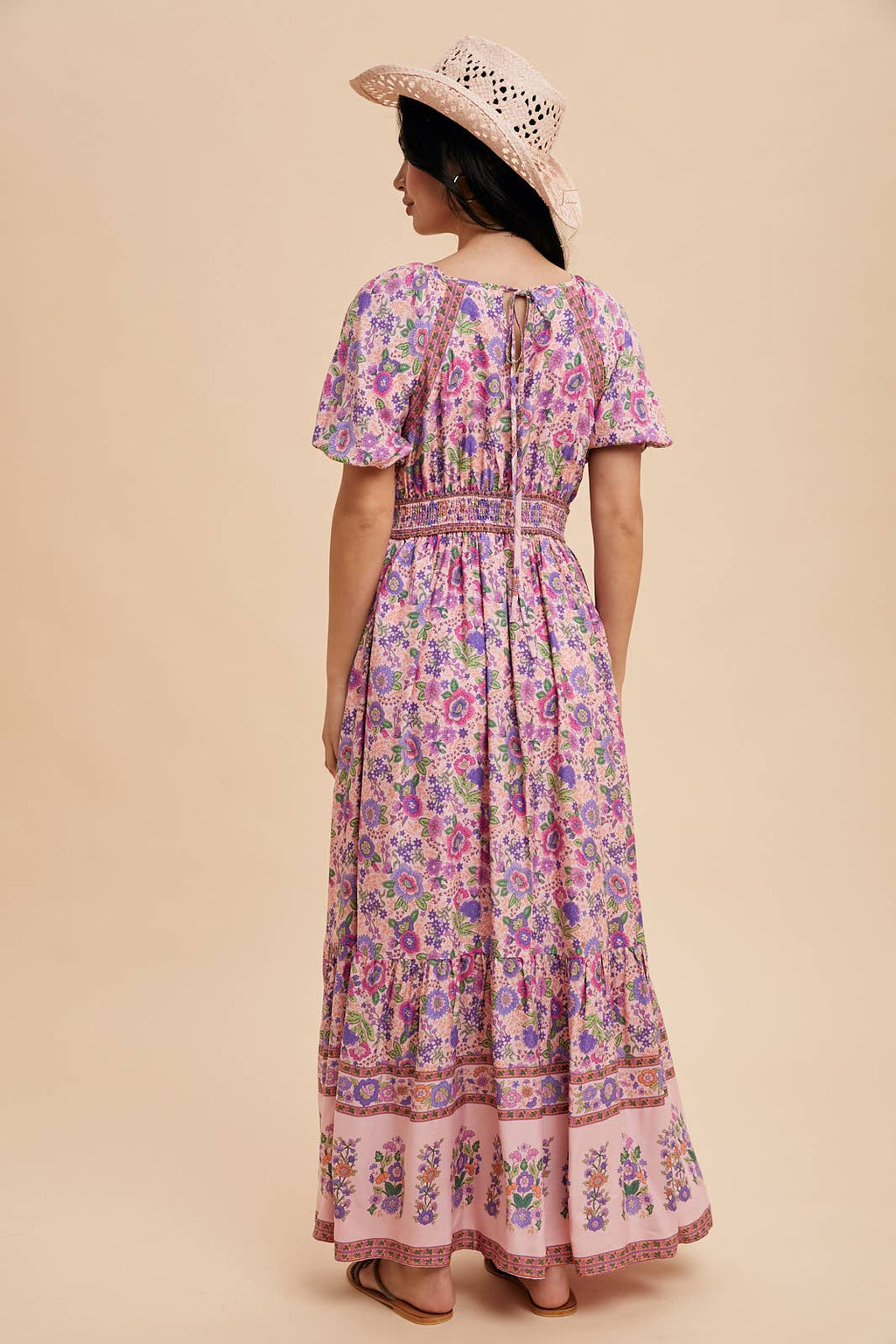 Dusty Blue Border Print Maxi Dress with Puff Sleeves