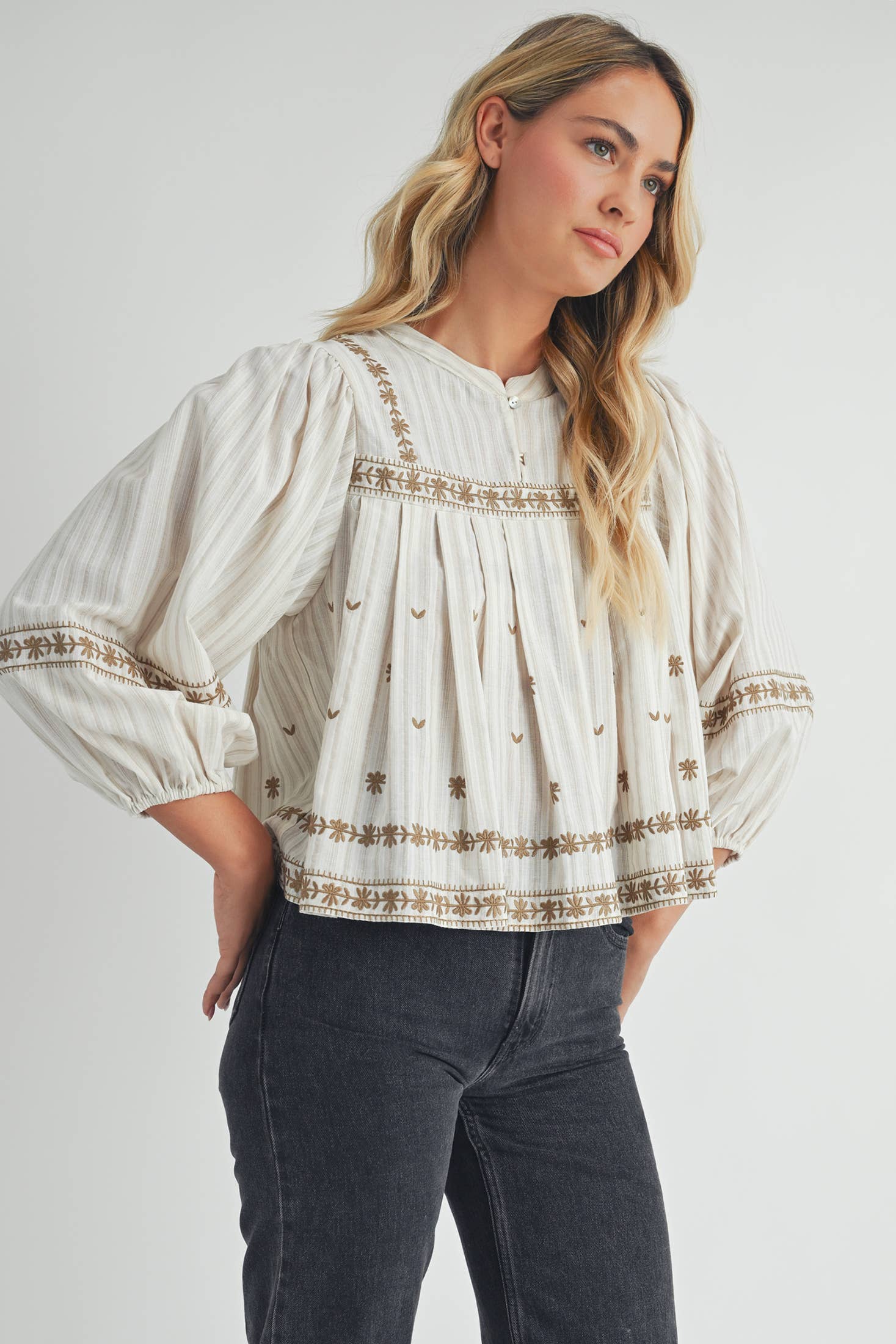 Ivory/Beige Embroidered Puff Long Sleeve Top