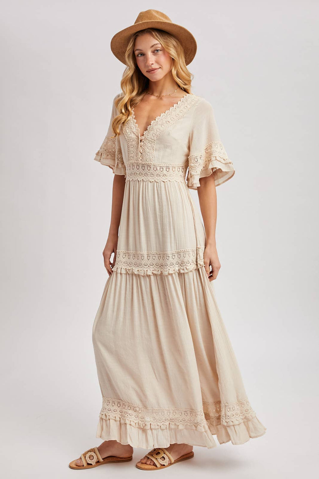 Lace V Neck Maxi Dress with Ruffle Sleeves (Olive & Ivory)