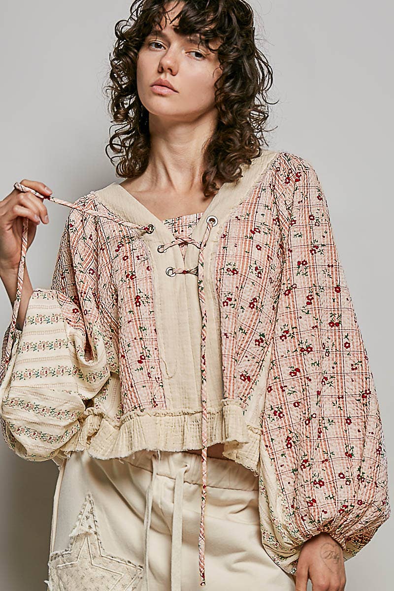 Beige/Peach Multi Color V Neck Balloon Sleeve Top
