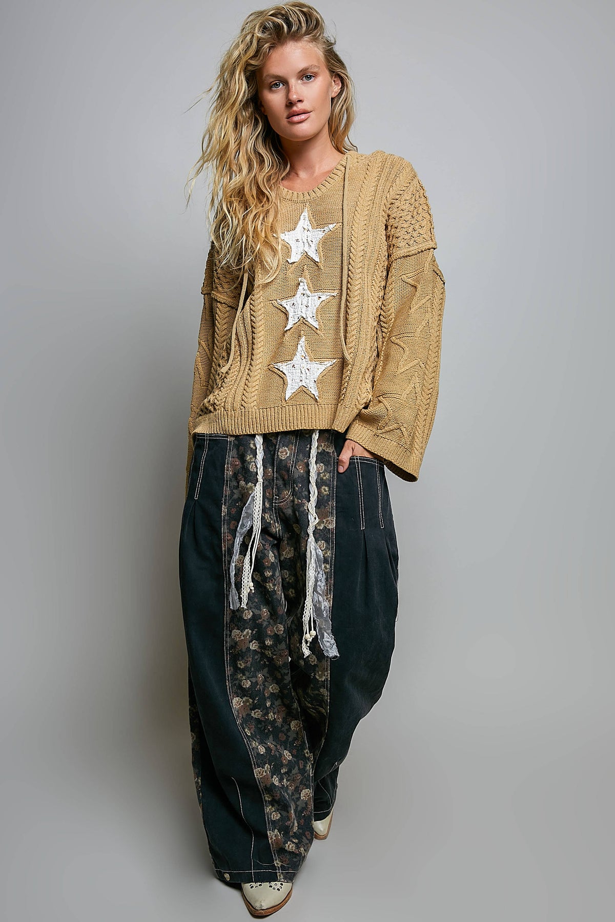 Mocha Star Lace Patch Hooded Acrylic Sweater Top