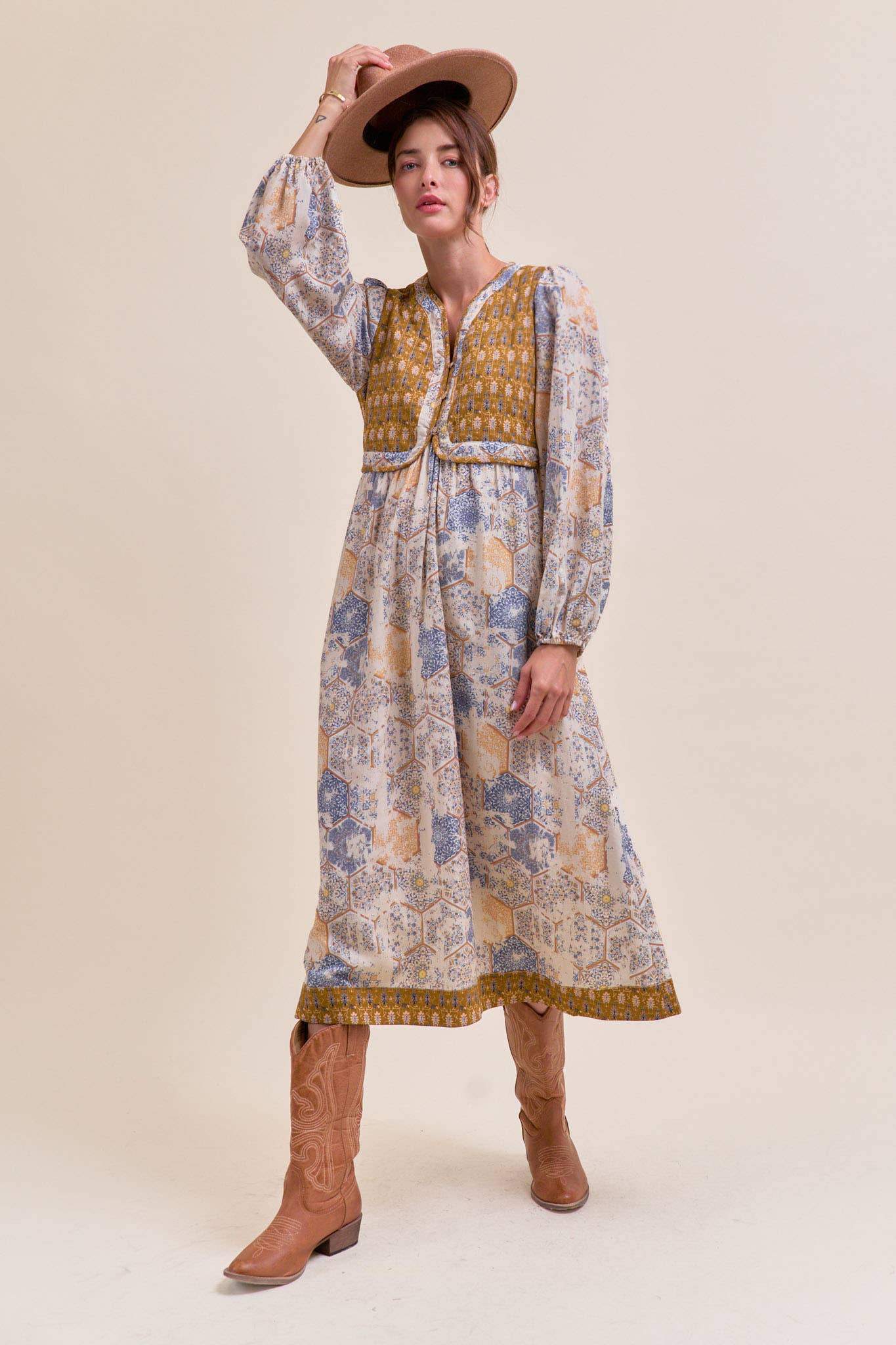 Mustard/Blue Quilted Vest Midi Length Dress