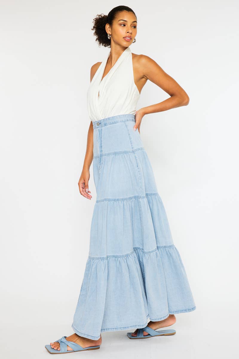Light Wash Tiered Maxi Skirt - Kan Can