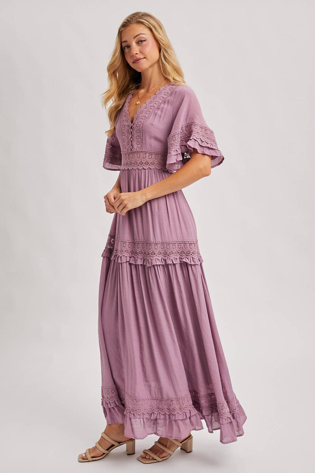Lace V Neck Maxi Dress with Ruffle Sleeves (Olive & Ivory)
