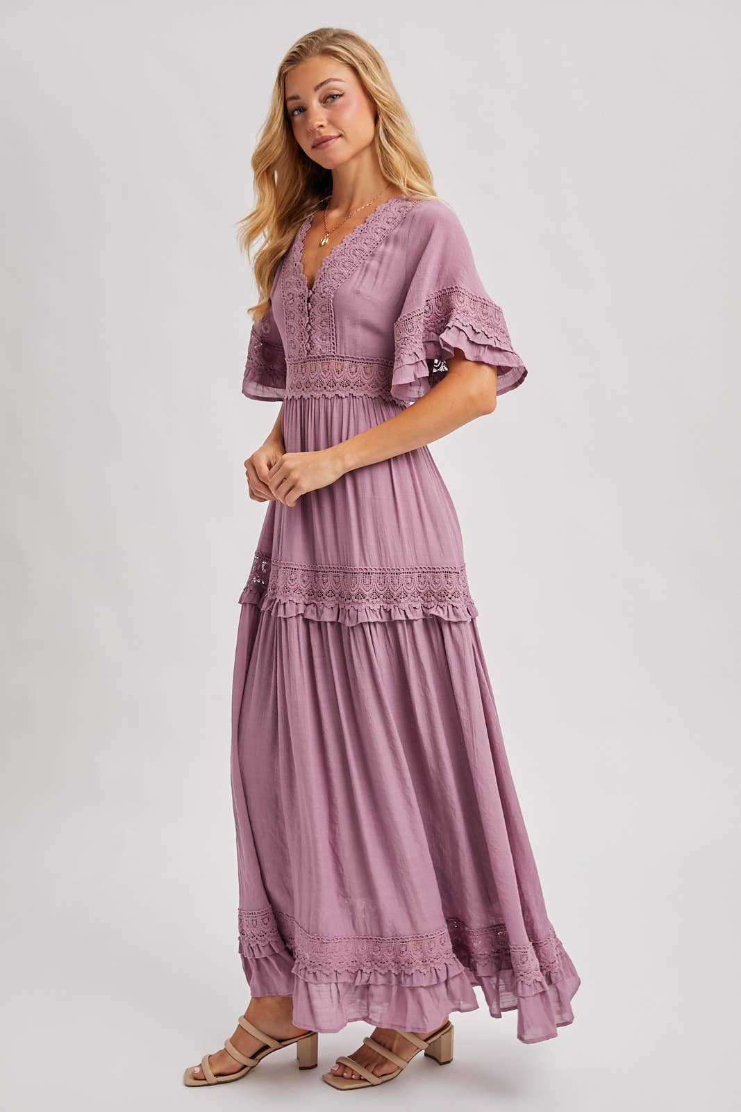 Lace V Neck Maxi Dress with Ruffle Sleeves (Olive & Ivory)