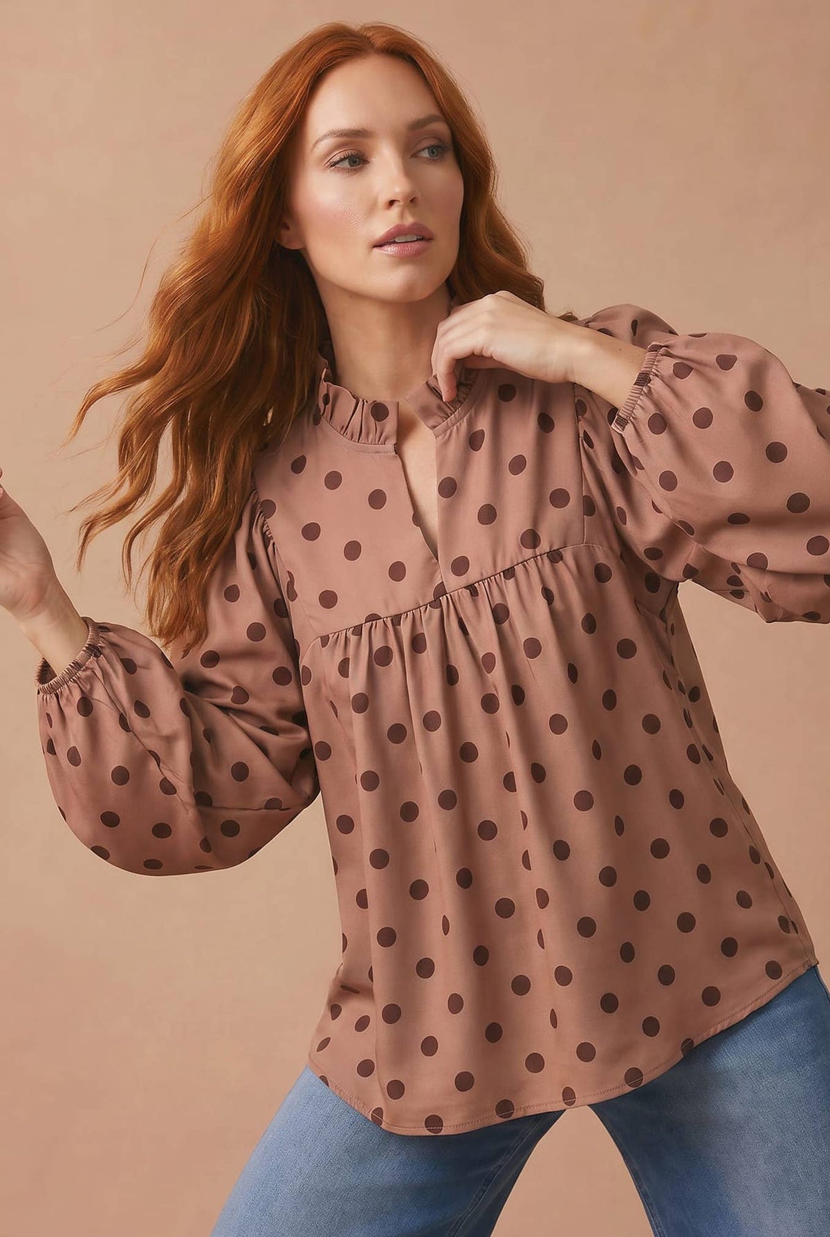 Polka Dot Bubble Sleeve Woven Blouse