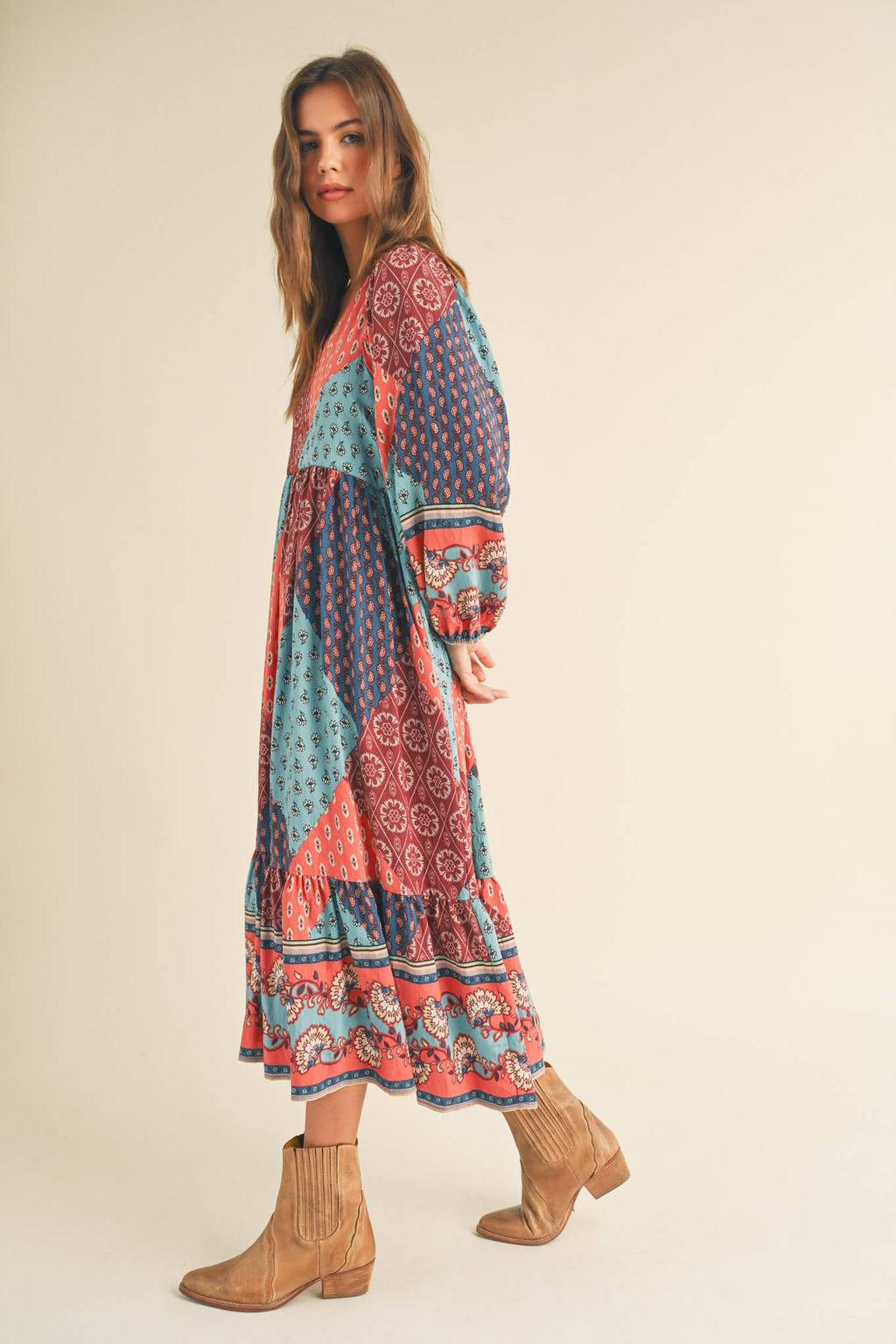 Rust Multi Color Printed Balloon Sleeve Mid Length Dress