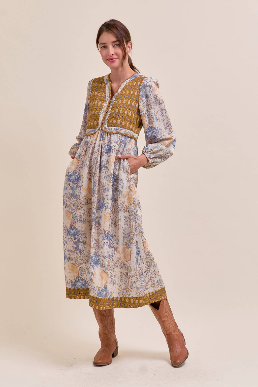 Mustard/Blue Quilted Vest Midi Length Dress
