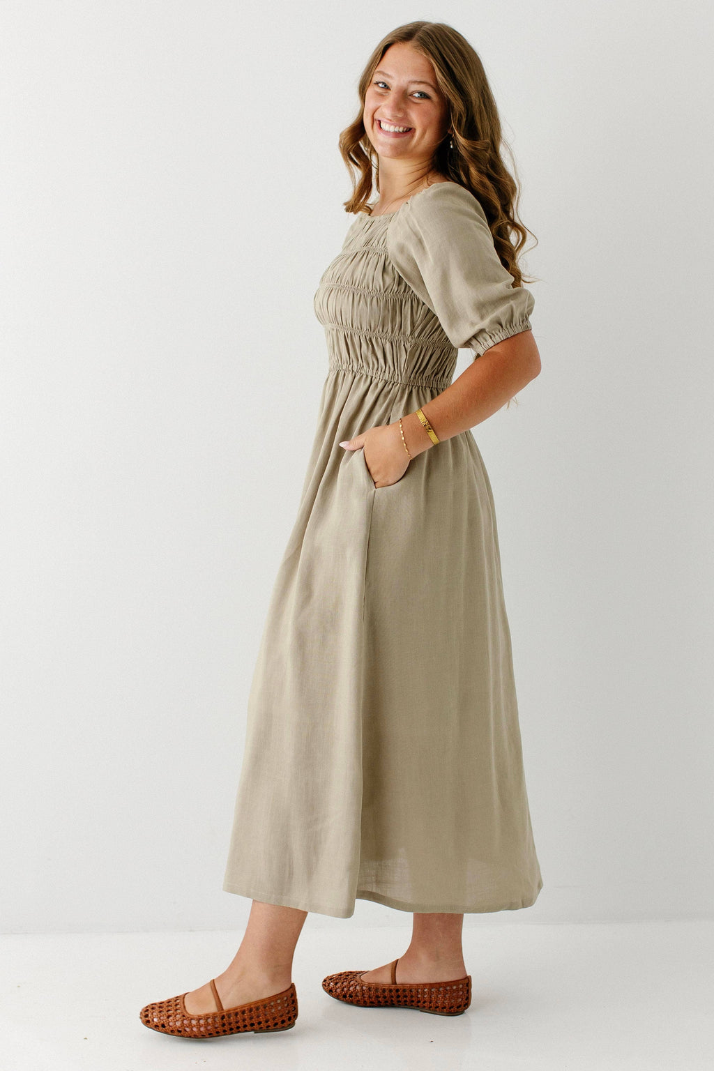Willow Fall Square Neck Smocked Bodice Midi Dress