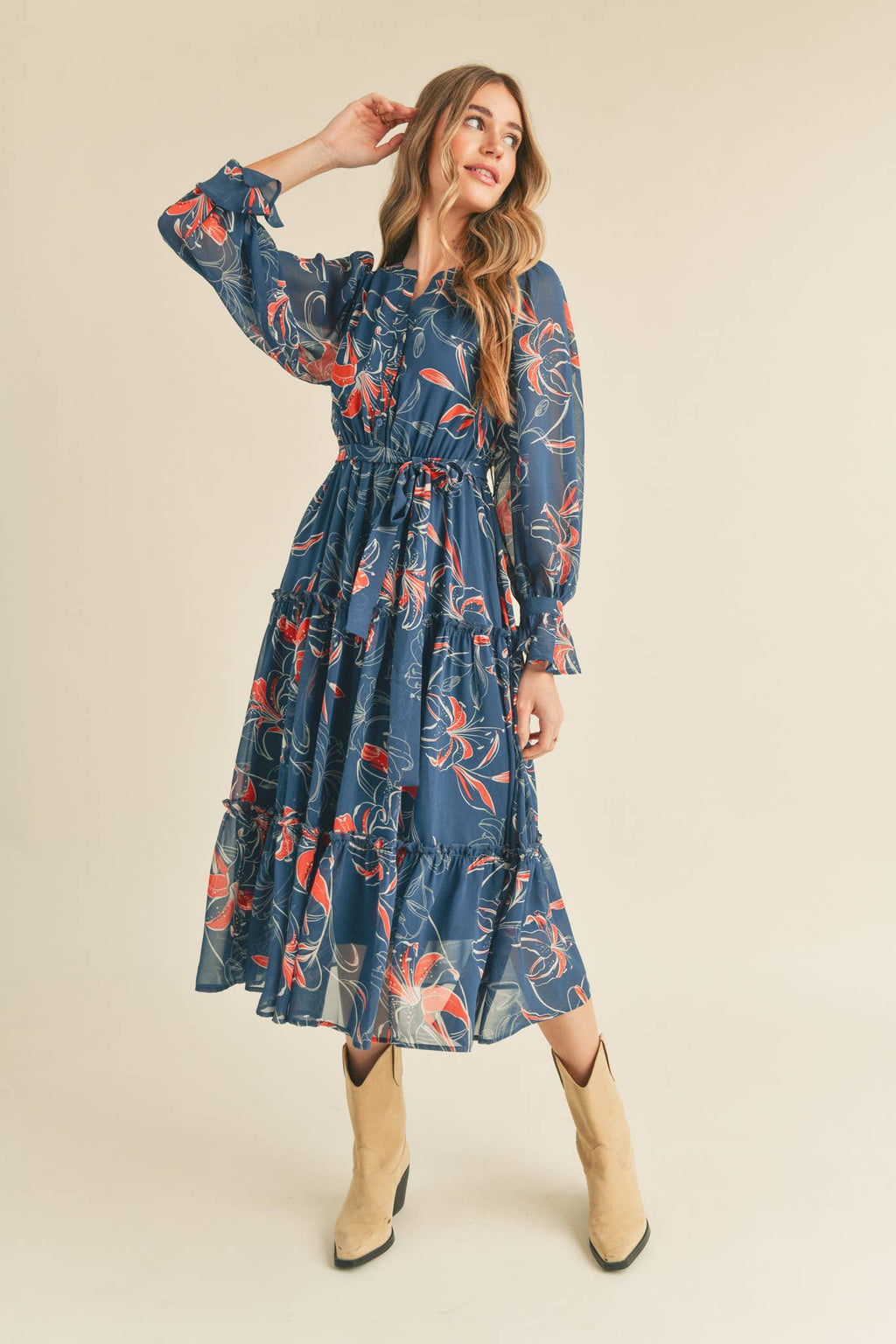Teal Floral Button Down Ruffle Tiered Dress