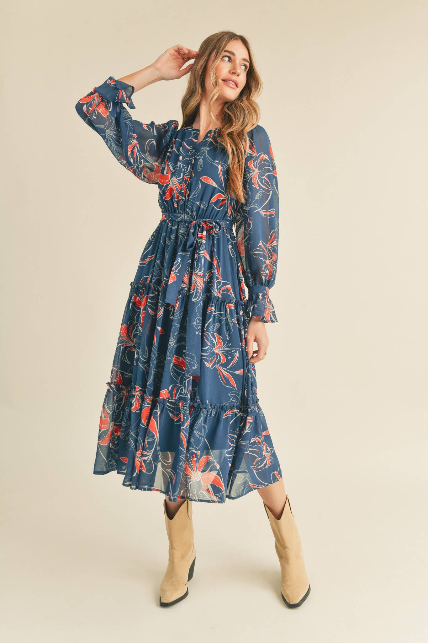 Teal Floral Button Down Ruffle Tiered Dress