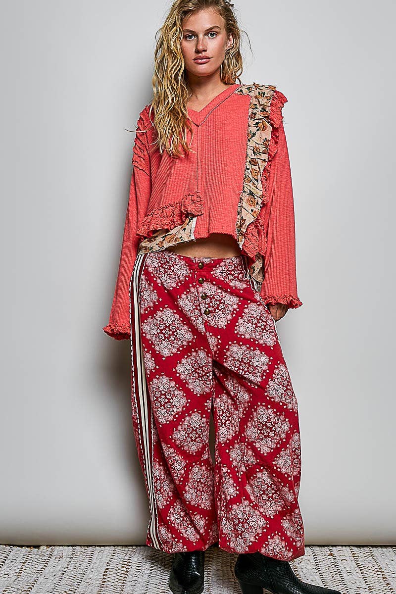 Floral Ruffle Trim Textured Ribbed Long Sleeve Knit Top