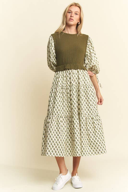 Floral Print Mixed Media Tiered Midi Dress