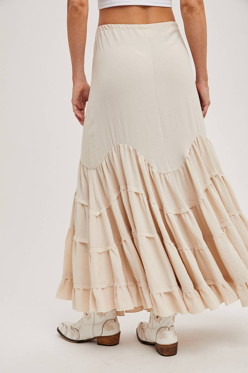 RUFFLED DRAWSTRING WASIT MAXI SKIRT WITH LINING