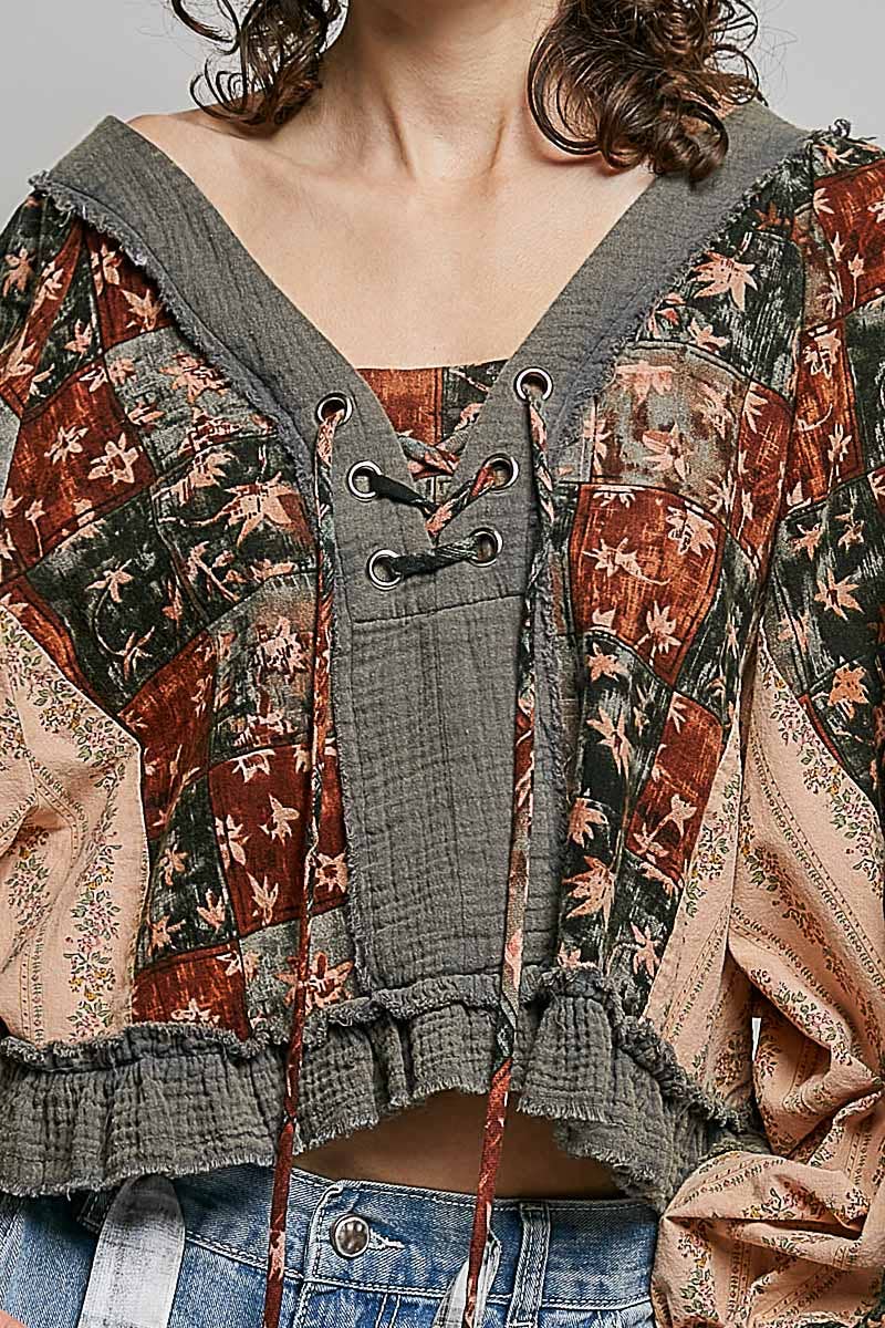 Beige/Peach Multi Color V Neck Balloon Sleeve Top
