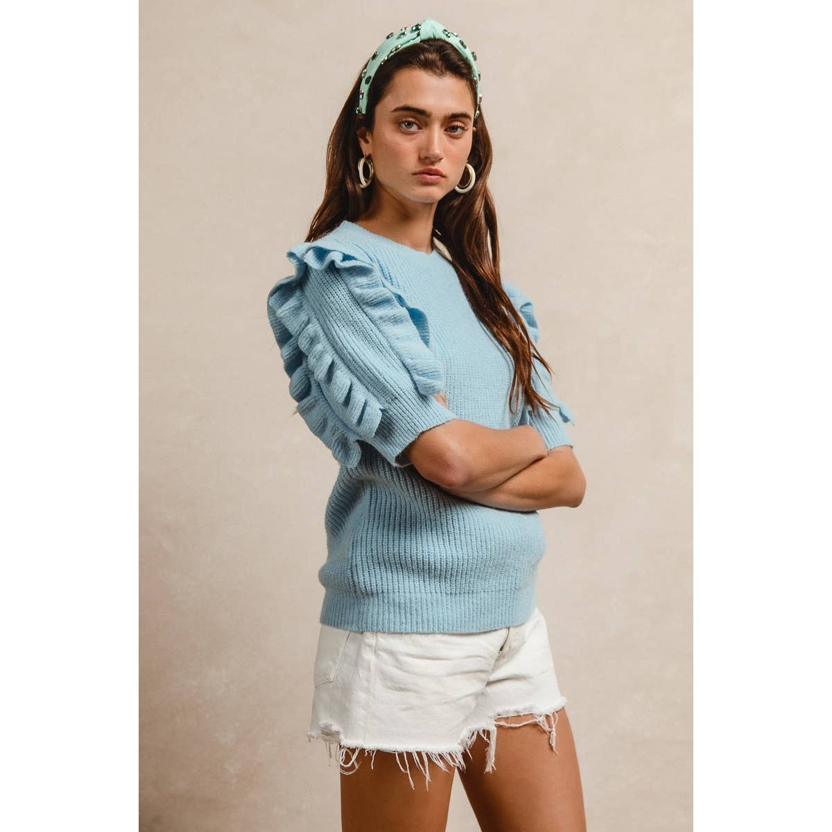 SOLID KNIT RUFFLED SLEEVES TOP