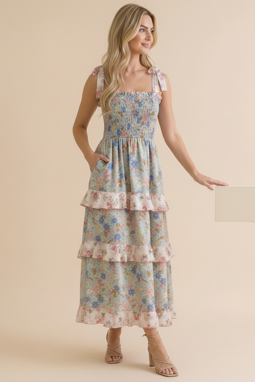 Plus Smocking Tube Color Block Floral Maxi Dress