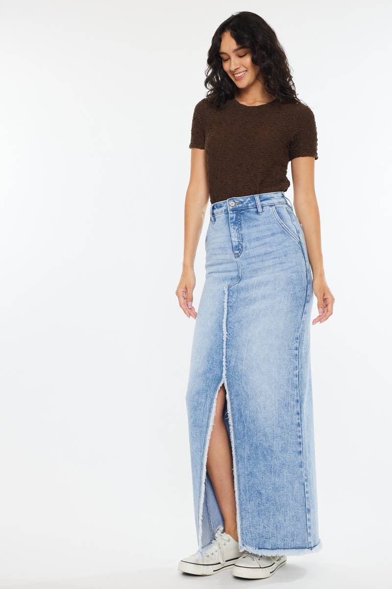 Medium Wash High Waisted Maxi Skirt with Front Slit - Kan Can