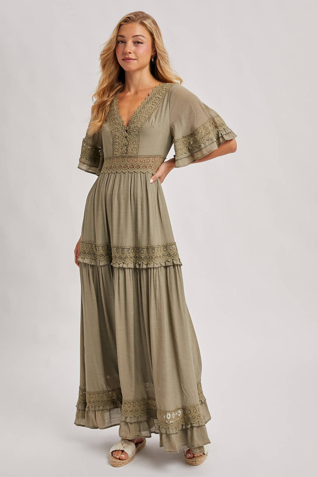 Lace V Neck Maxi Dress with Ruffle Sleeves (Olive & Ivory)