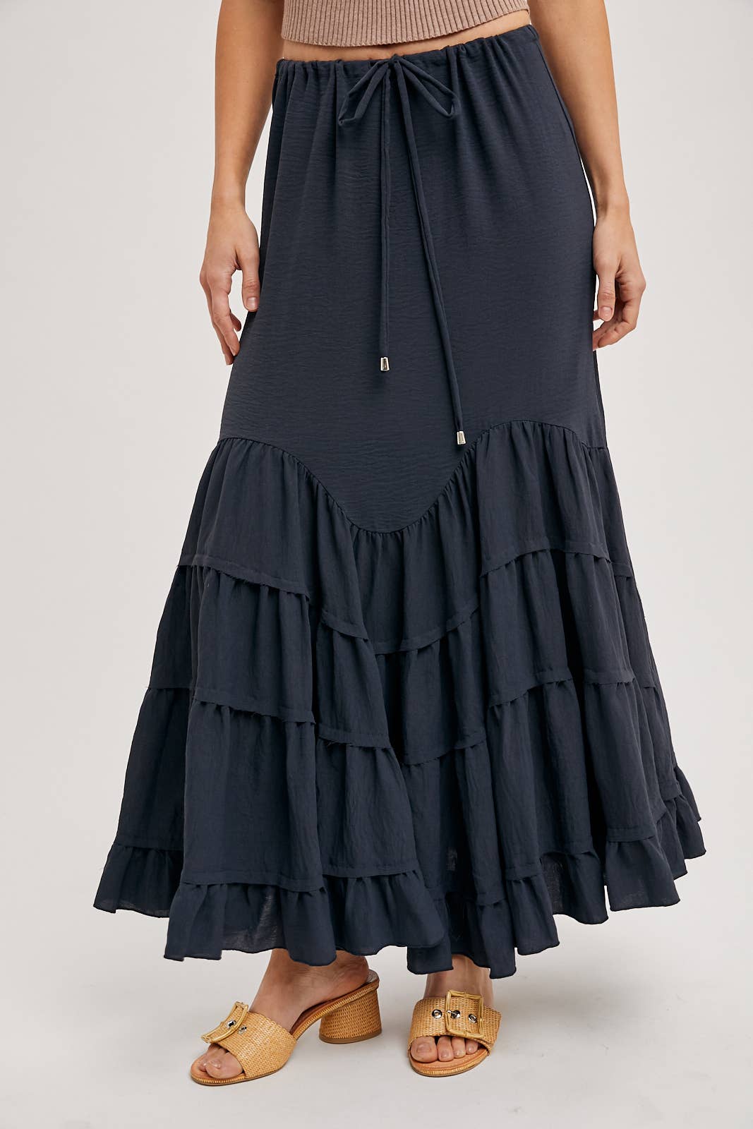 RUFFLED DRAWSTRING WASIT MAXI SKIRT WITH LINING