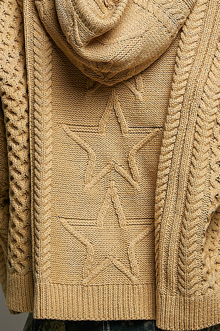 Mocha Star Lace Patch Hooded Acrylic Sweater Top